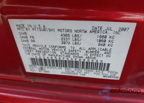 2008 Mitsubishi Galant Es from USA, damaged, VIN 4A3AB56F68E009689